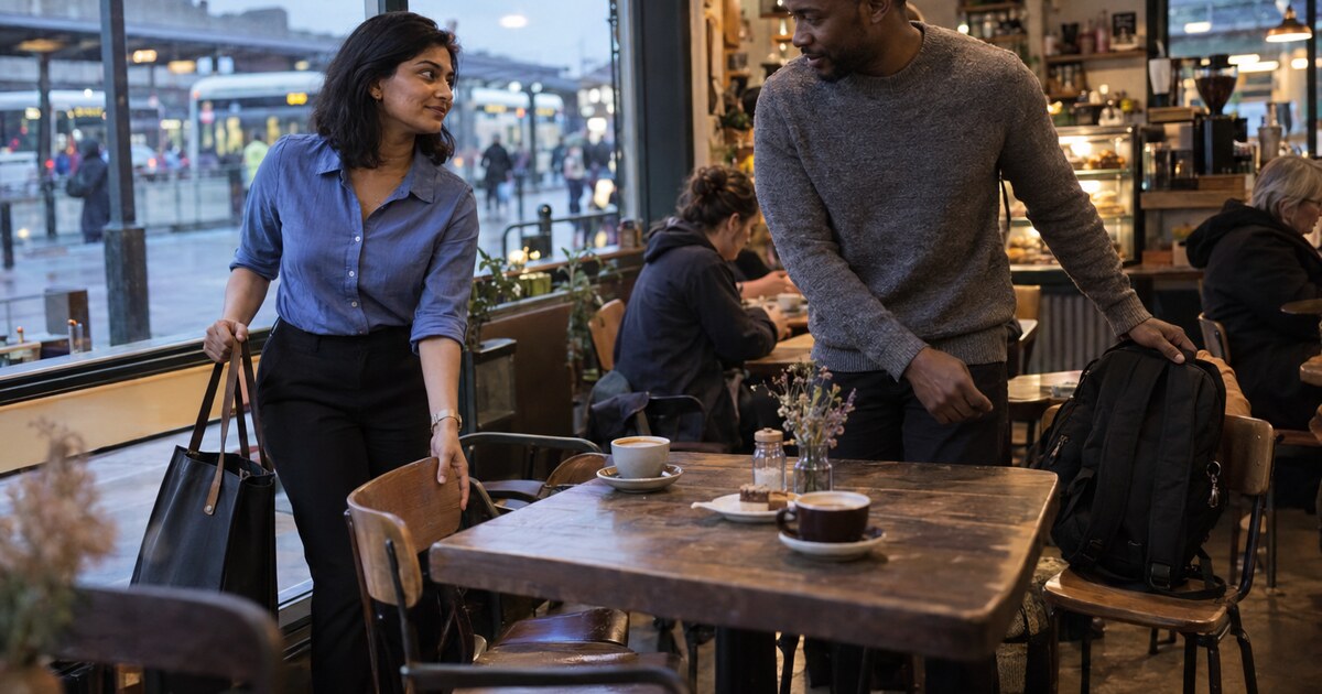 A South Asian woman around 32 with shoulder-length dark hair, wearing a plain blue office shirt with the sleeves rolled up, and a Black man…