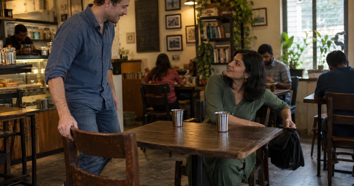 A white man in his early thirties with short brown hair, wearing a faded blue shirt and jeans, arrives at a small neighbourhood café in…