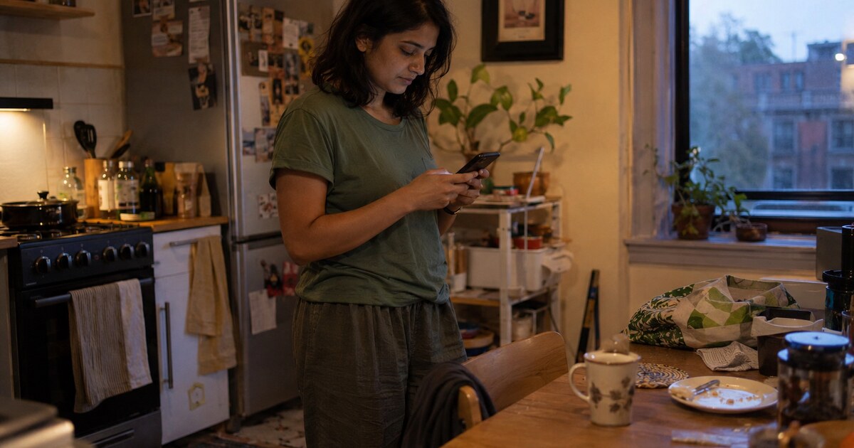 A South Asian woman aged about 28 with shoulder-length dark hair, wearing a faded green T-shirt and loose trousers, stands beside a…