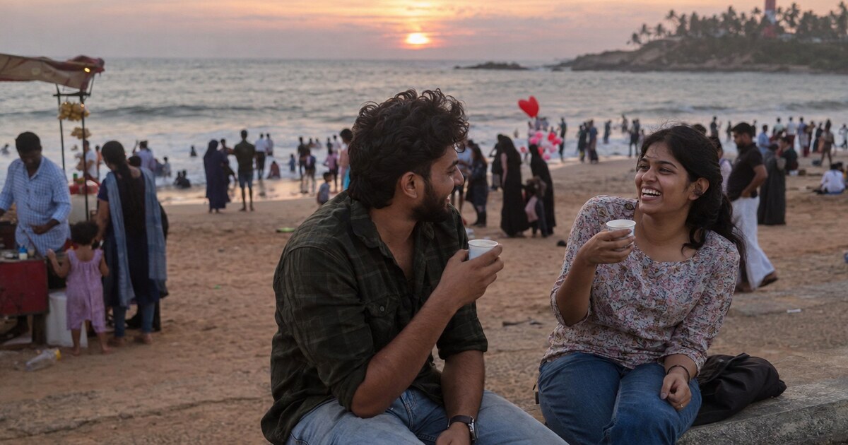 Two people in their twenties sit on a low wall at a crowded beach in Thiruvananthapuram at sunset, paper cups of tea in hand, laughing…