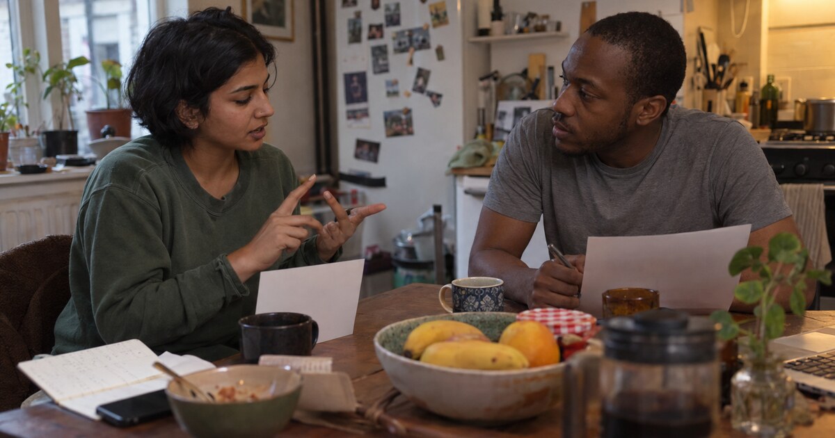 Two friends in their early thirties, one a South Asian woman with short dark hair wearing a faded green sweatshirt and one a Black man with…