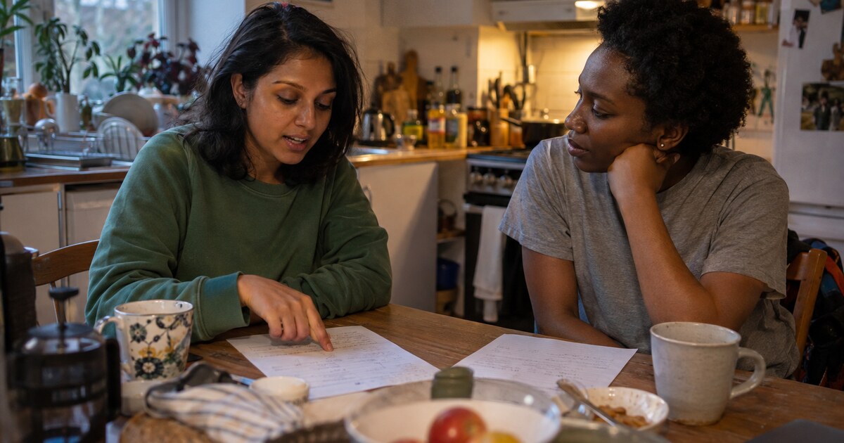 Two women in their early thirties, one South Asian with shoulder-length dark hair wearing a faded green sweatshirt, the other Black with…