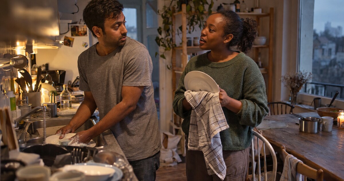 Early evening in a small rented flat with a cluttered kitchen counter and a worn wooden table