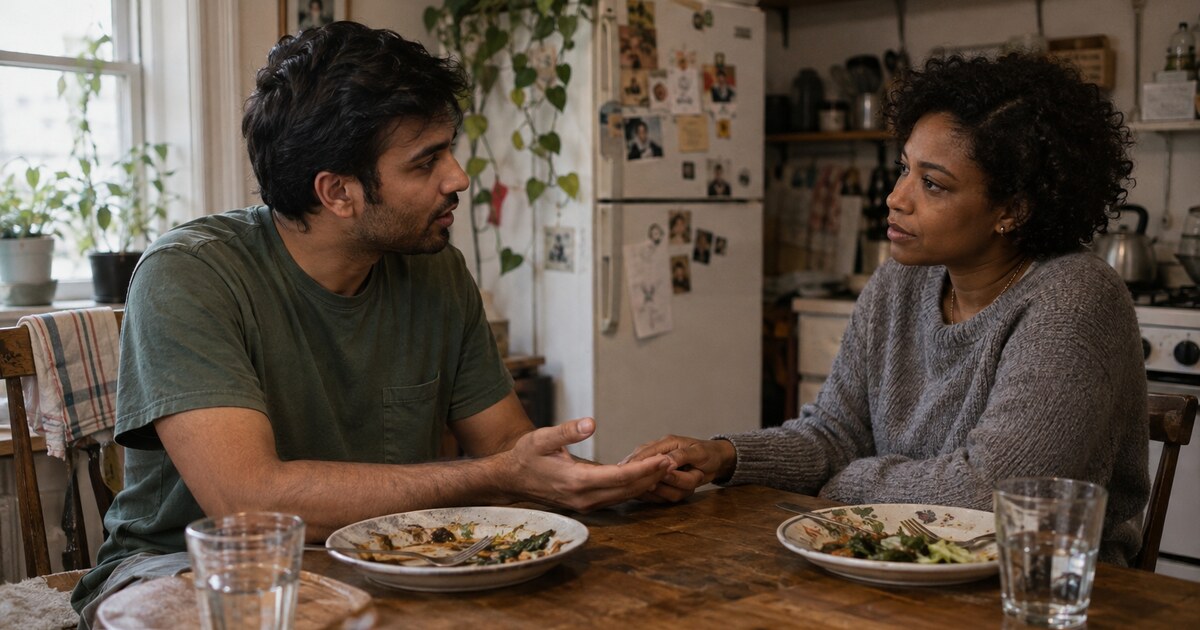 A South Asian man in his late twenties with short black hair and a faded green T-shirt is speaking across a small kitchen table to a Black…
