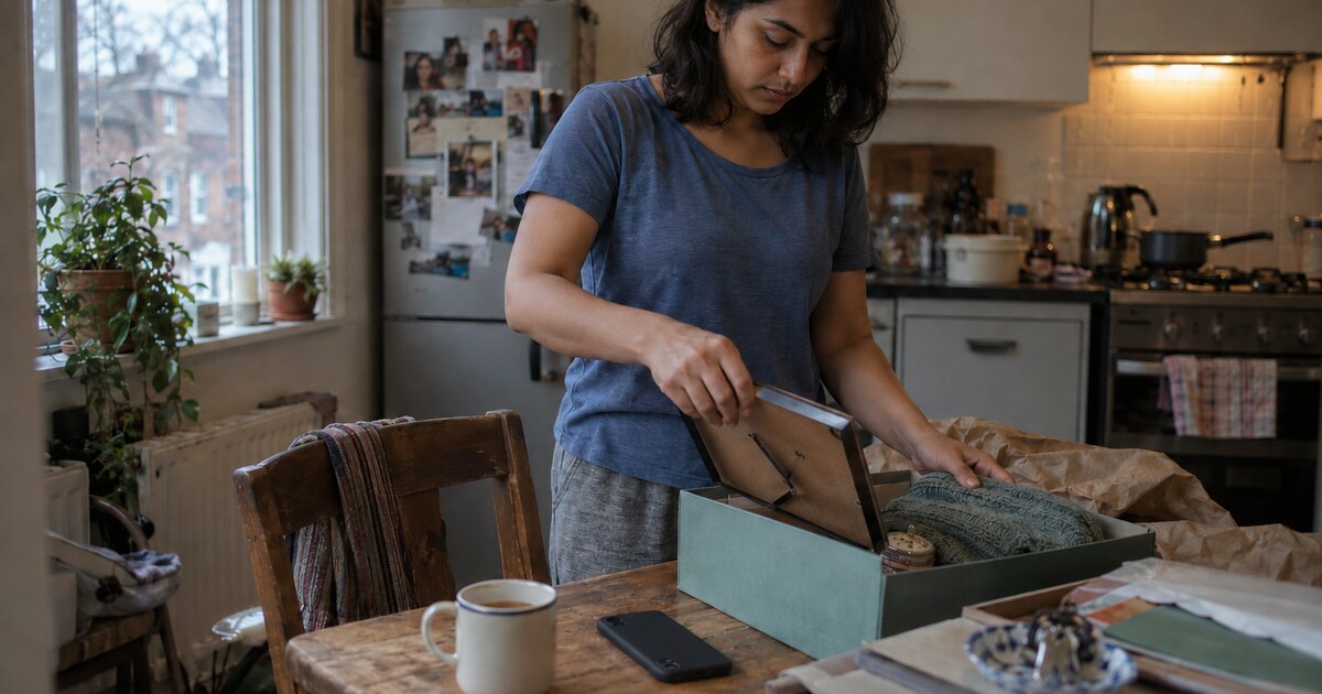 A South Asian woman in her early thirties with shoulder-length dark hair, wearing a faded blue T-shirt and grey trousers, stands at a…