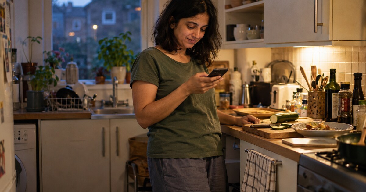 A South Asian woman in her early thirties with shoulder-length dark hair, wearing a faded green T-shirt and loose trousers, stands at a…