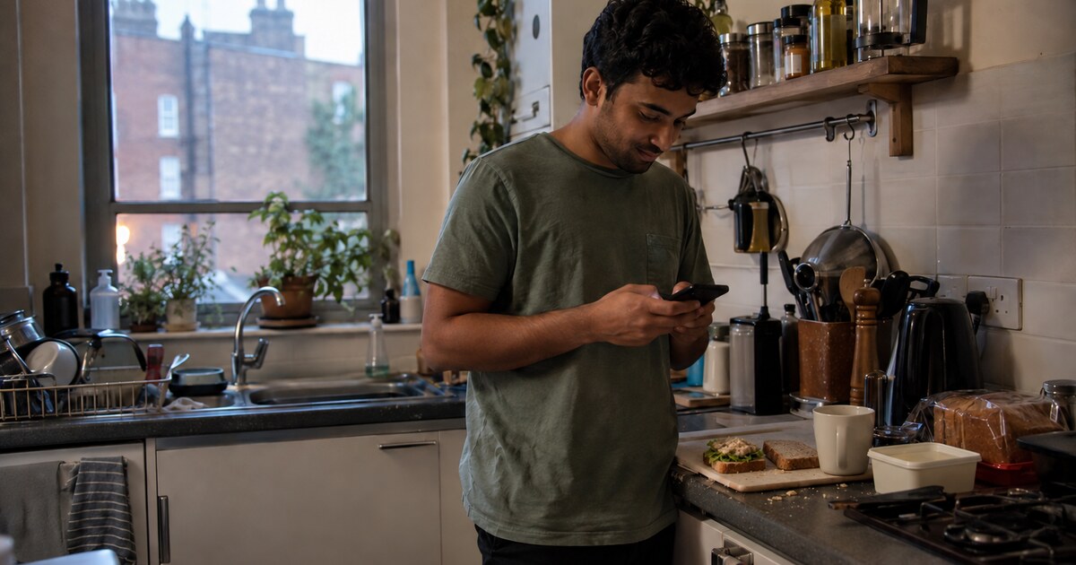 A 27-year-old South Asian man with short curly black hair, wearing a faded green T-shirt and dark trousers, stands at a narrow kitchen…