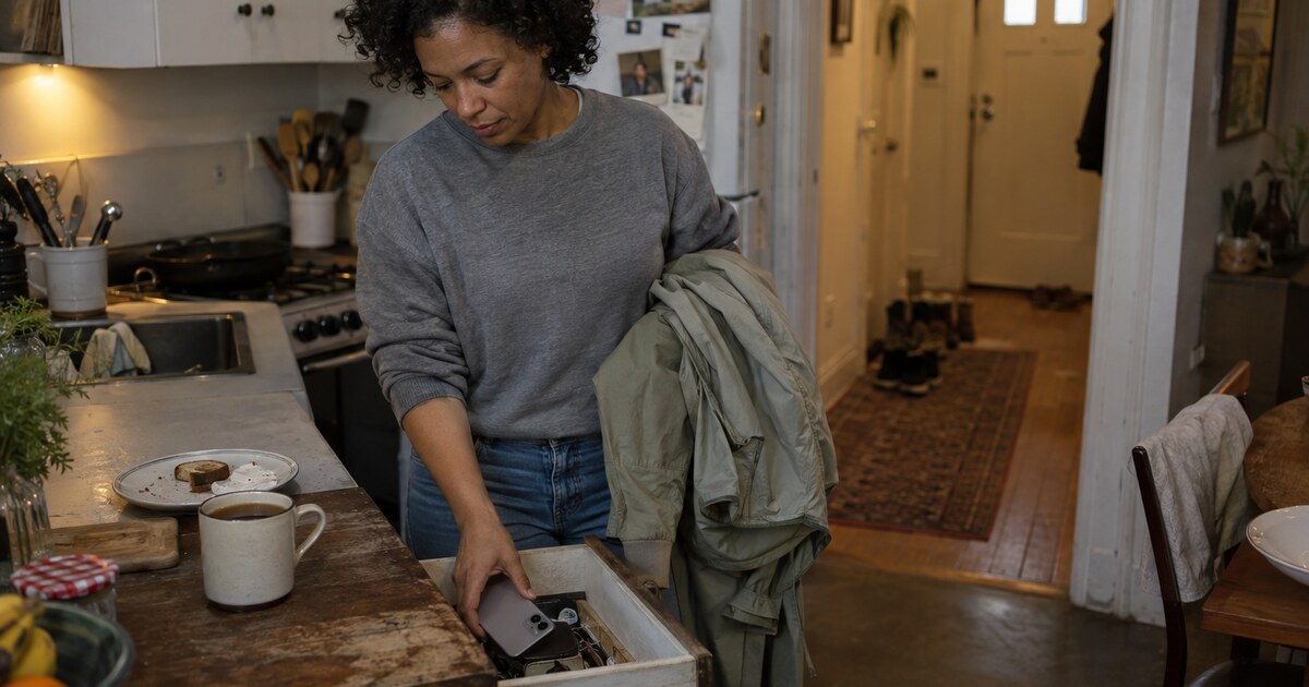 A woman in her late thirties with brown skin and short curly hair, wearing a faded grey sweatshirt and jeans, stands at a worn kitchen…