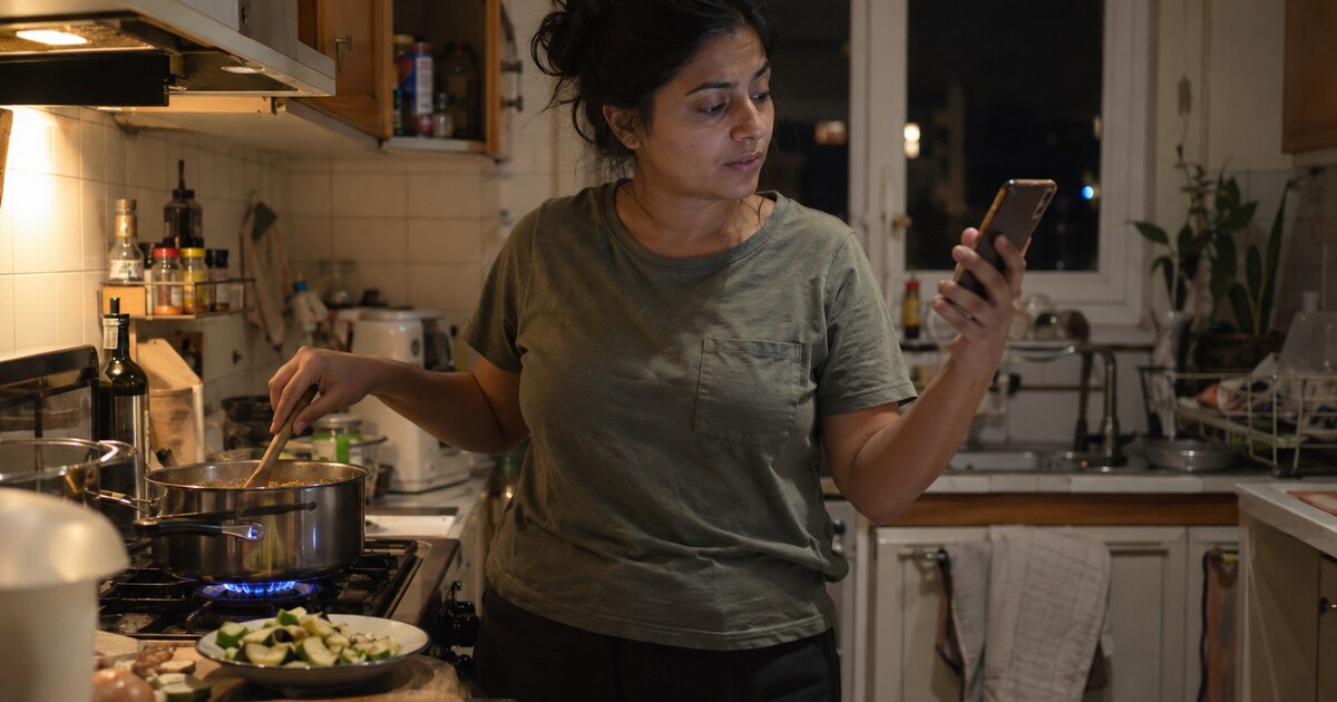 A South Asian woman in her late twenties with tied-back dark hair, wearing a faded green T-shirt, stands in a small kitchen stirring a…
