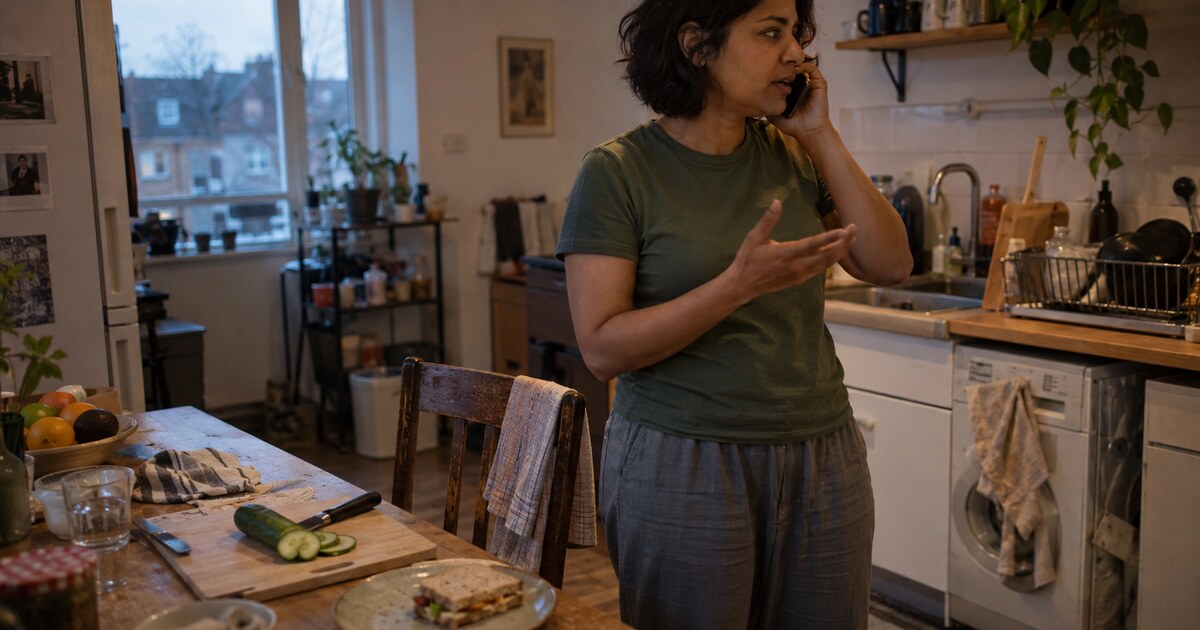 A South Asian woman in her early thirties with short dark hair, wearing a plain green T-shirt and loose trousers, stands beside a cluttered…