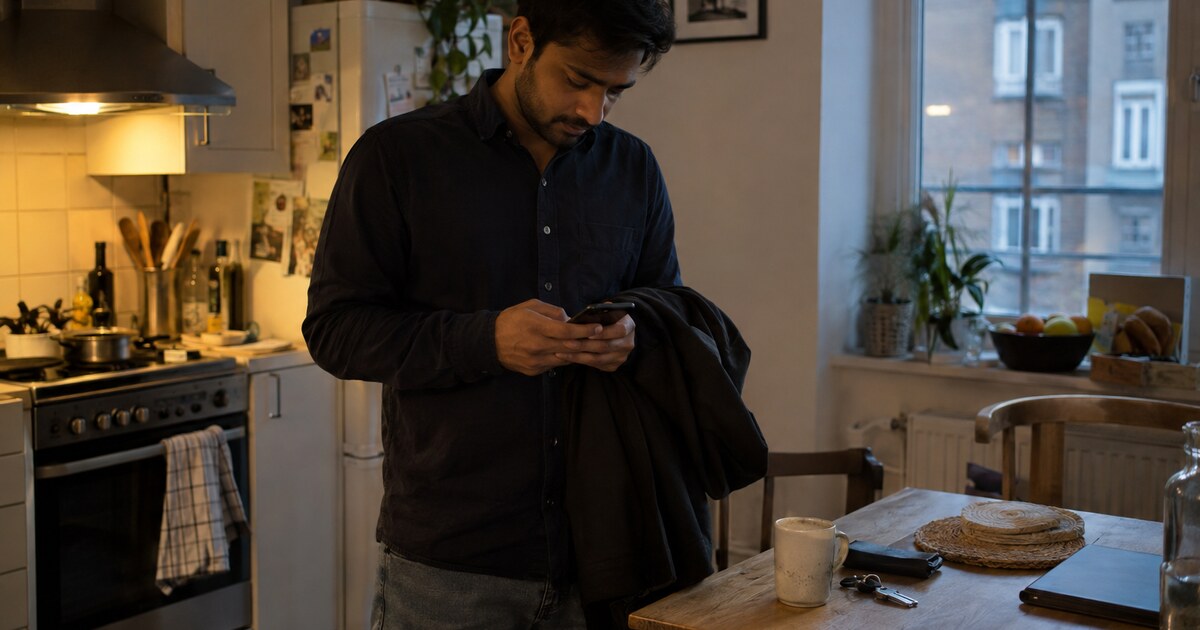 A South Asian man in his early thirties with short black hair and light stubble, wearing a plain navy cotton shirt and faded jeans, stands…