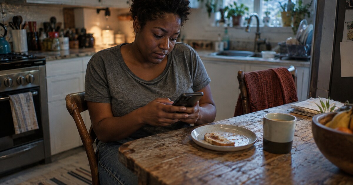 A Black woman in her early thirties with short natural hair, wearing a faded grey T-shirt and jeans, sits at a scratched kitchen table in…