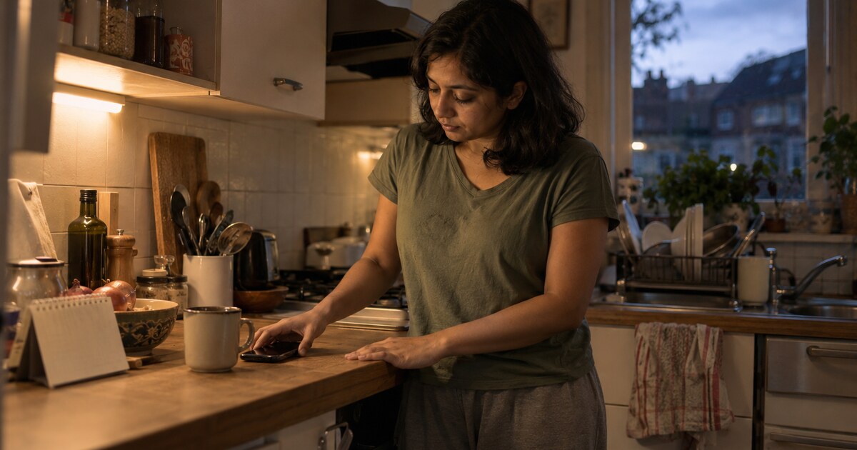 A South Asian woman in her early thirties with shoulder-length dark hair, wearing a faded green T-shirt and loose grey trousers, stands at…