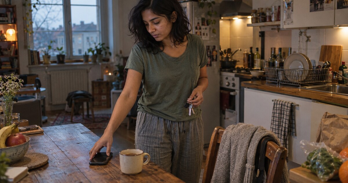 A South Asian woman in her late twenties with shoulder-length dark hair, wearing a faded green T-shirt and loose trousers, stands beside a…
