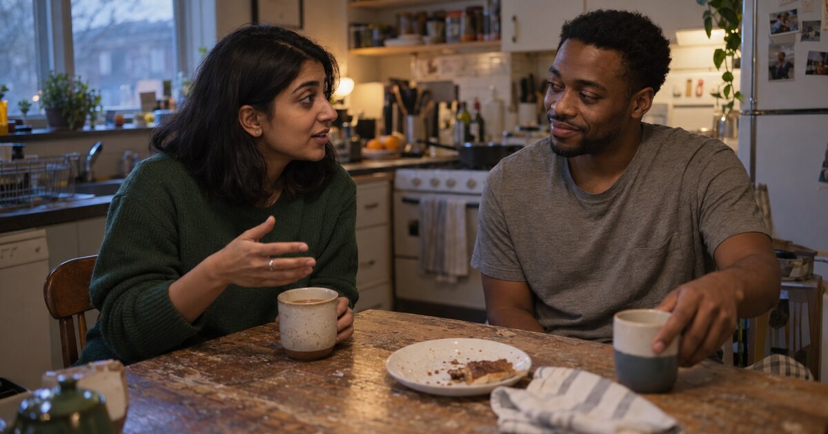 Two adults in their late twenties sit opposite each other at a small scratched kitchen table in the early evening