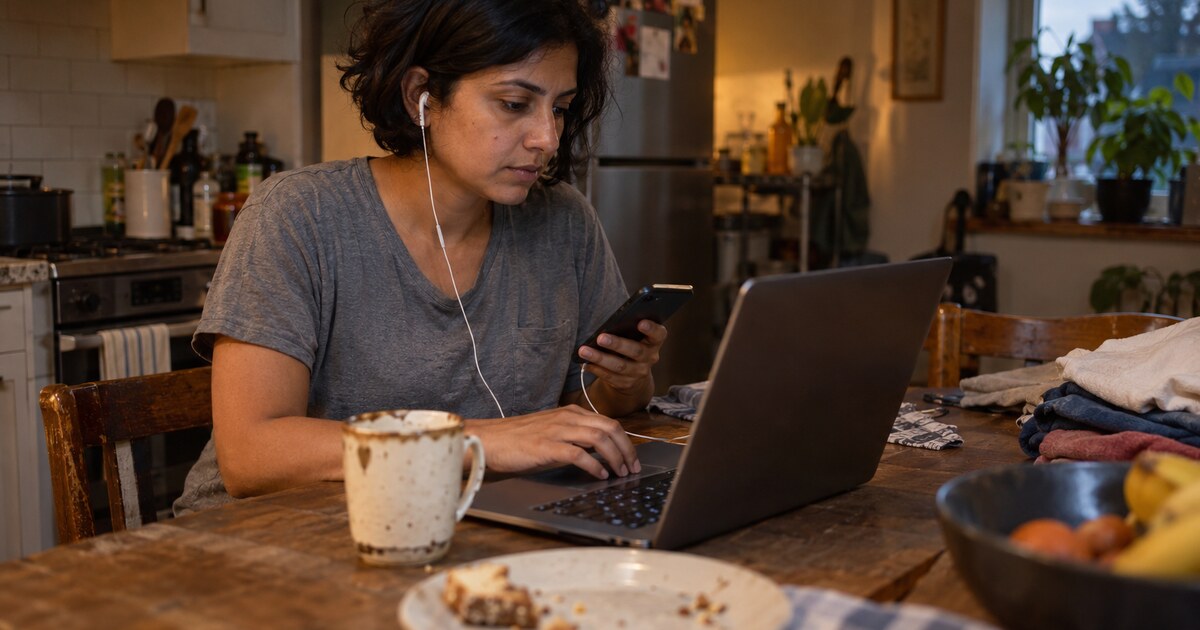 A South Asian woman aged about 34 with short dark hair and a faded grey T-shirt sits at a scratched kitchen table in the early evening