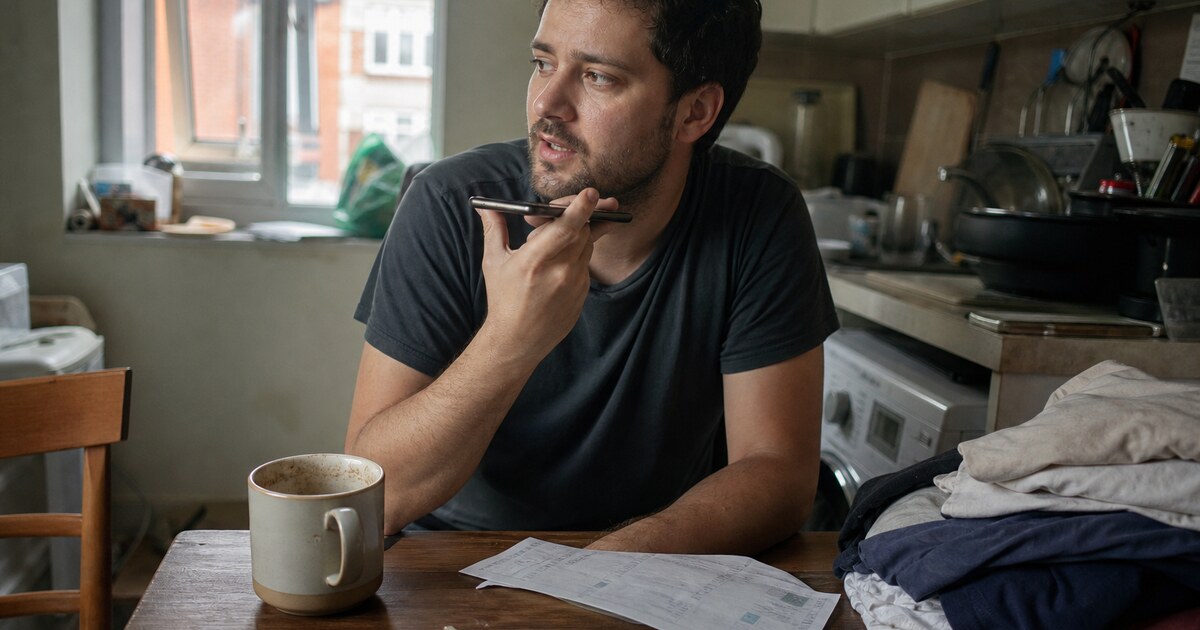 A man in his early thirties sits at a cluttered kitchen table in a small flat, phone held loosely near his chin, mid-sentence recording a…